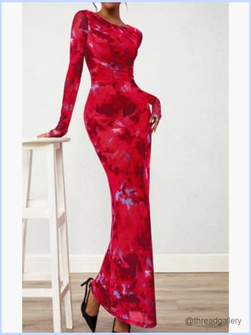 Long Sleeve Floral Maxi Dress Ruched Bodycon Crewneck Wedding Guest - Picture 3 of 7